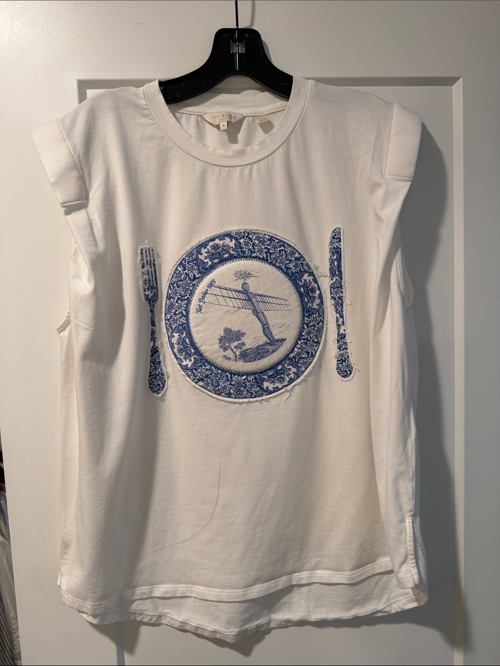 Ted Baker London White Short Sleeve Tee with Blue Plate and Cutlery Motif